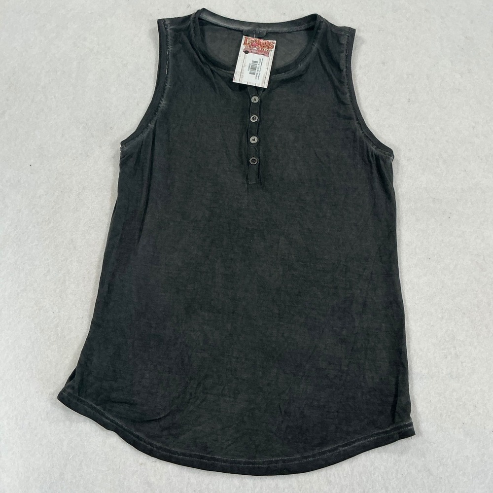 POL Black Sleeveless Knit Top Henley Mineral Wash Tank BKT31 Medium NEW